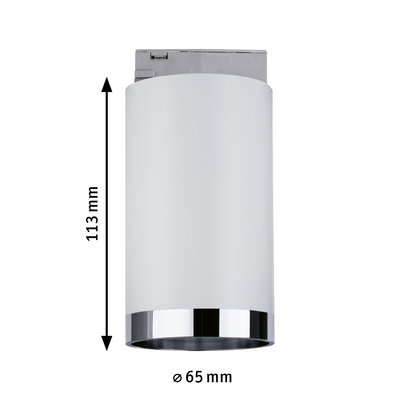 Hvid cylindrisk LED-loftspot med kromring, 113 mm høj, 65 mm i diameter, moderne indendørs belysning