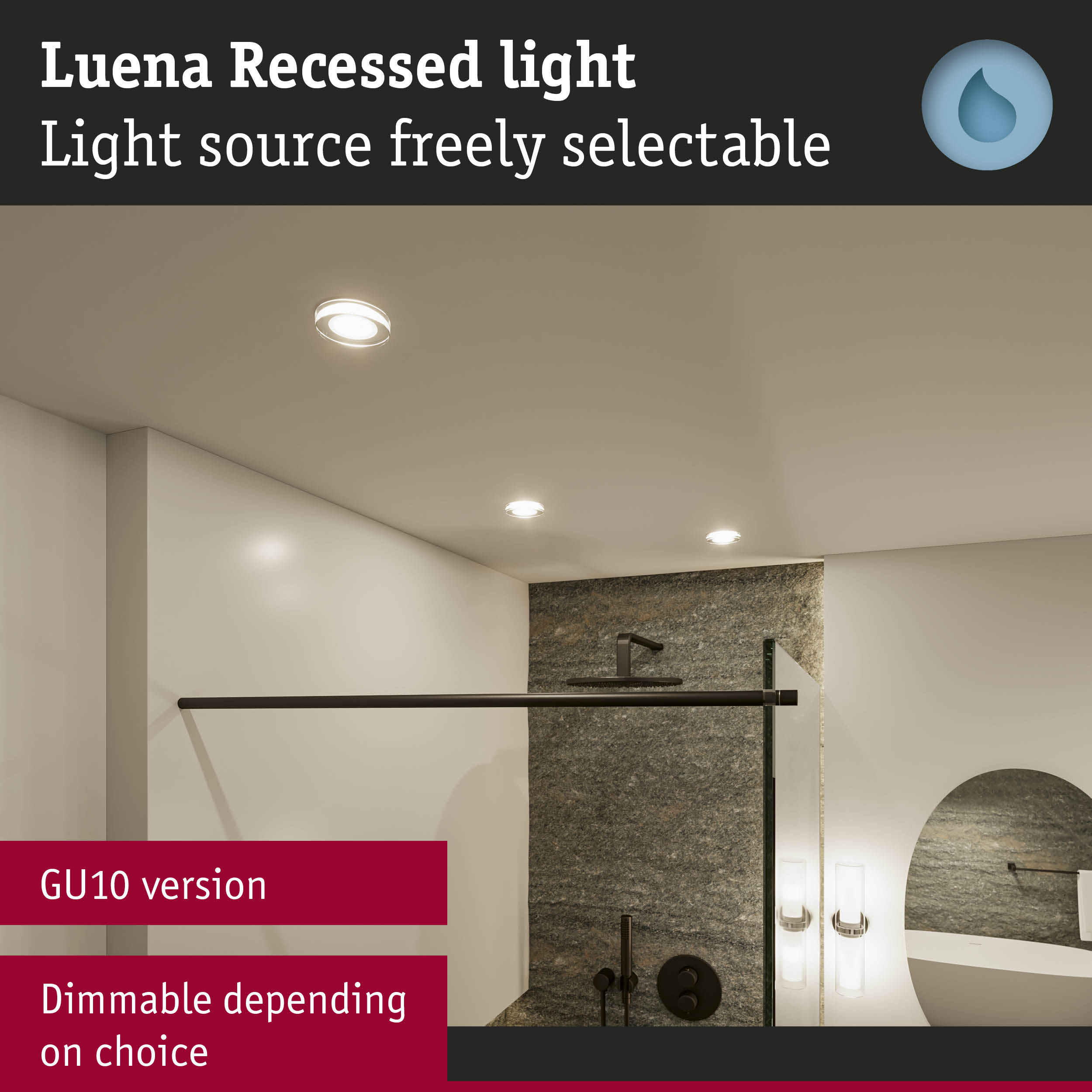Luena recessed light with dimmable GU10 source in modern bathroom featuring stone wall and shower
