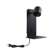 Black metal wall lamp with adjustable spotlight and shelf, modern design for living spaces