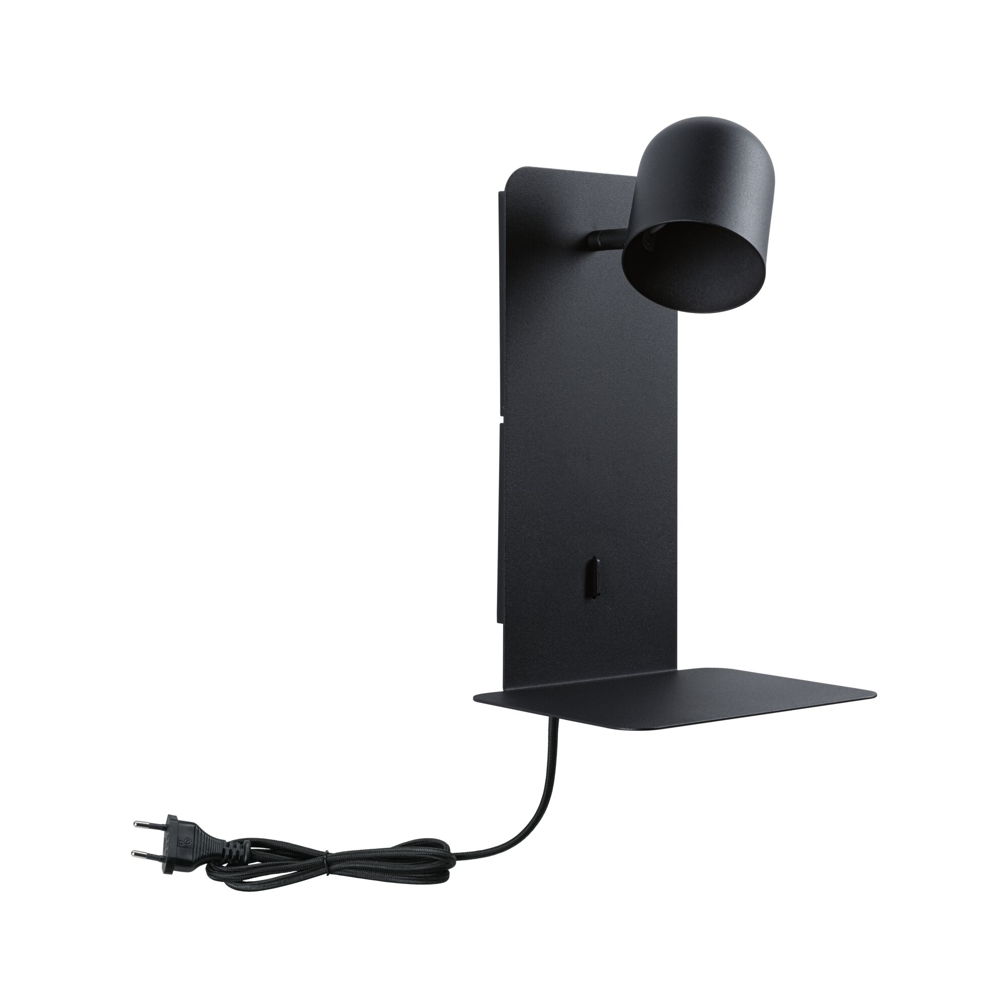 Black metal wall lamp with adjustable spotlight and shelf, modern design for living spaces