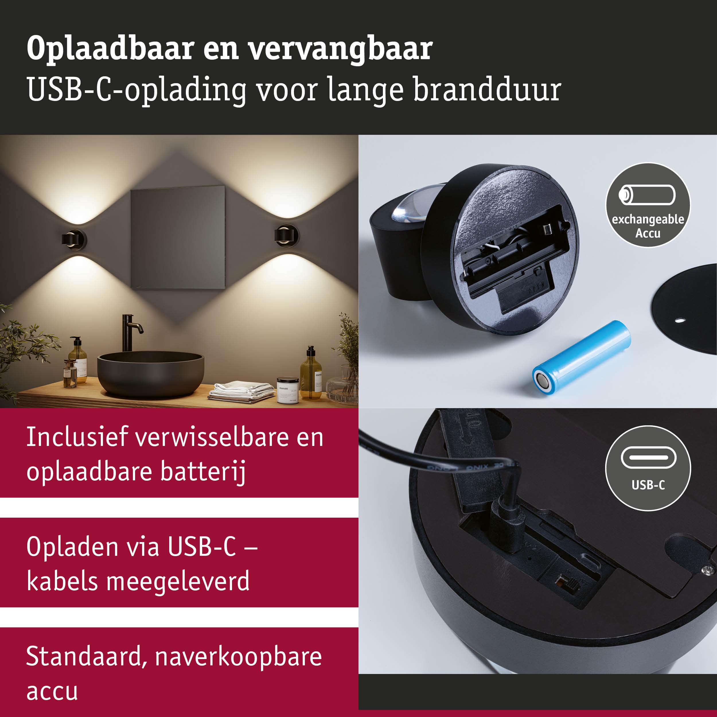 Oplaadbare zwarte wandlamp met verwisselbare accu en USB-C-kabel voor langdurige verlichting