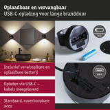 Oplaadbare zwarte wandlamp met verwisselbare accu en USB-C-kabel voor langdurige verlichting