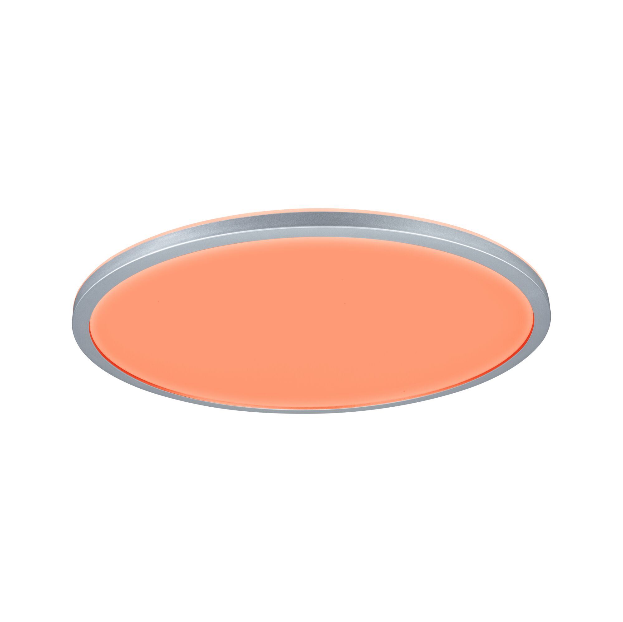 Plafonnier LED rond avec cadre argenté et lumière blanc chaud pour espaces de vie modernes