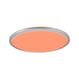 Plafonnier LED rond avec cadre argenté et lumière blanc chaud pour espaces de vie modernes