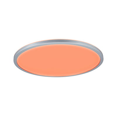 Plafonnier LED rond avec cadre argenté et lumière blanc chaud pour espaces de vie modernes