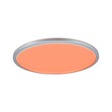 Round LED ceiling light with silver frame and warm white light for modern living spaces