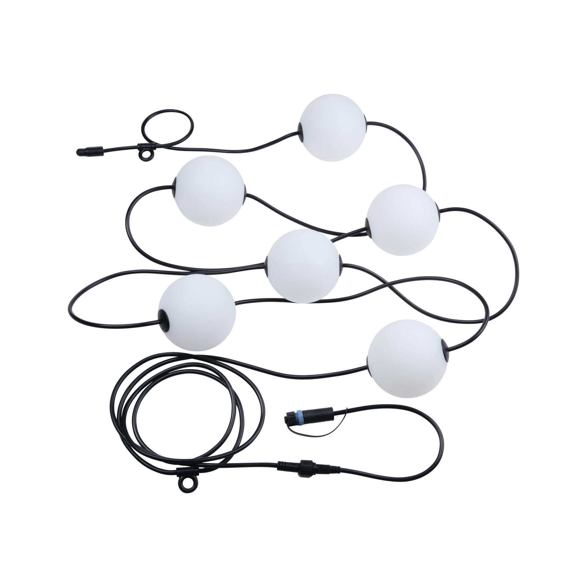Lichterkette mit weißen Kugeln aus Kunststoff und schwarzem Kabel für dekorative Beleuchtung