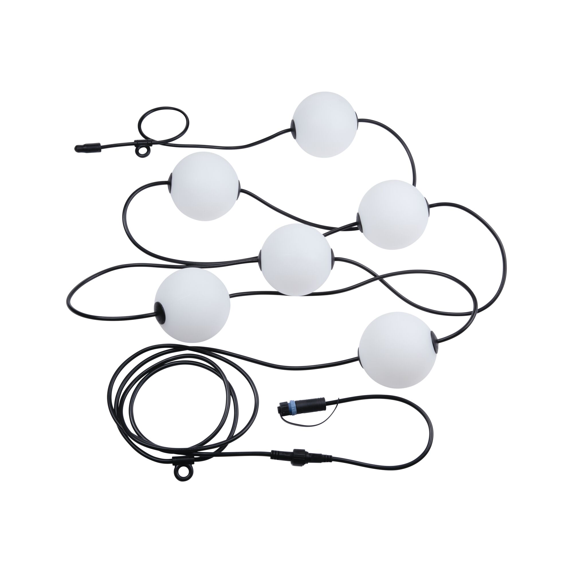 Lichterkette mit weißen Kugeln aus Kunststoff und schwarzem Kabel für dekorative Beleuchtung