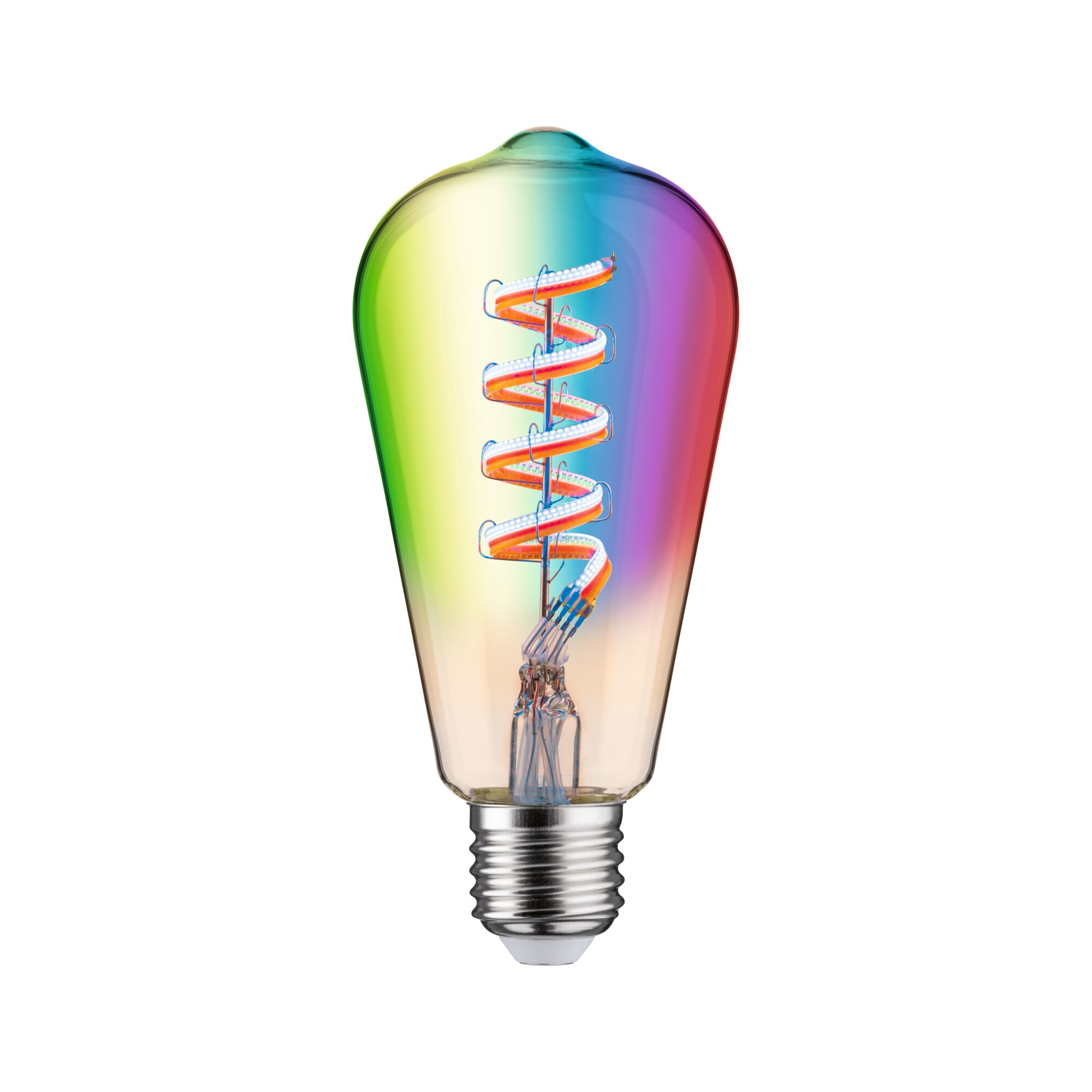 Colorful LED bulb with spiral filament and E27 base for decorative lighting and LED lamps.