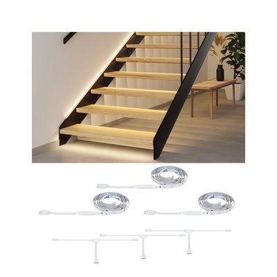 White LED strip lights with accessories for wooden staircase lighting in modern interior design