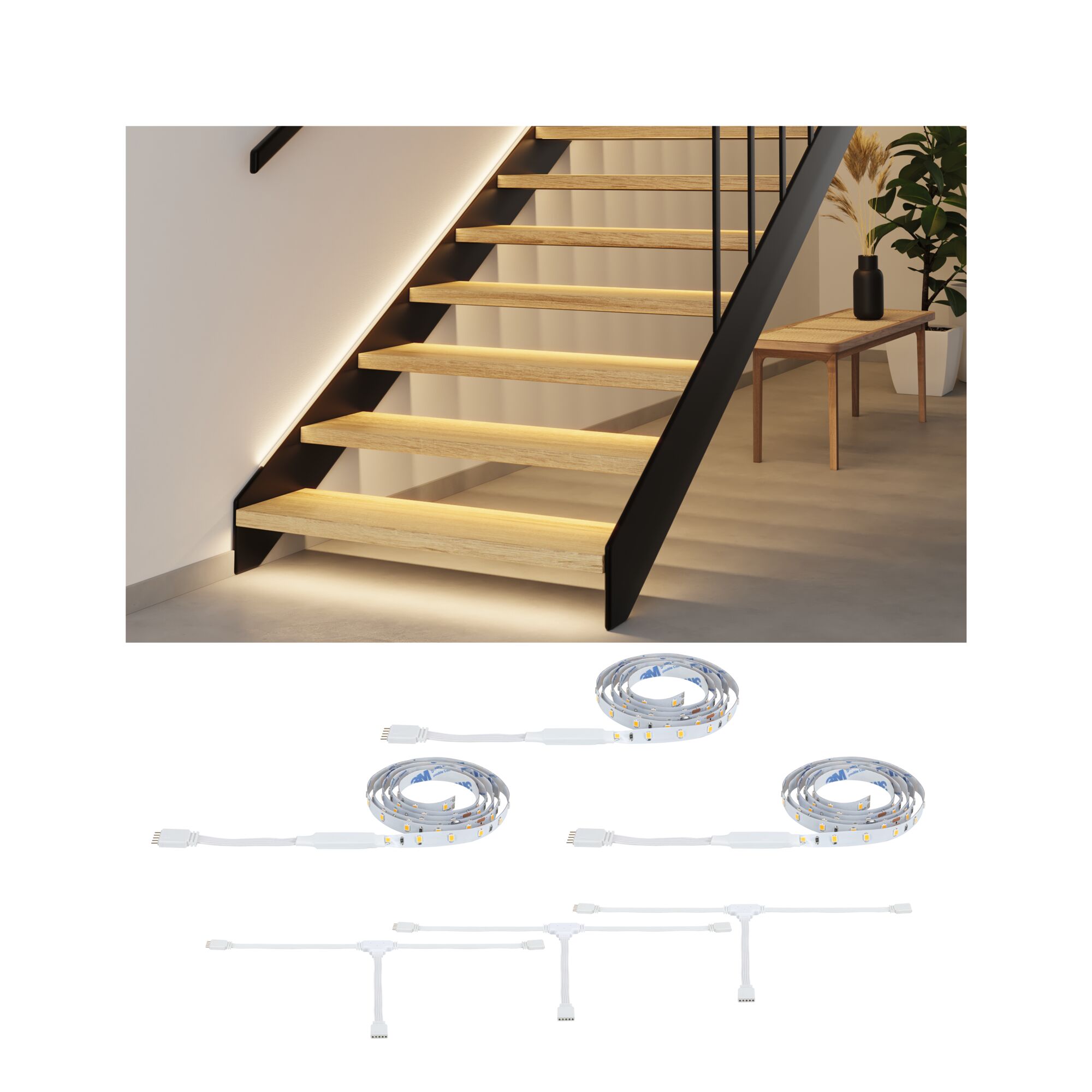 MaxLED Stair LED Strip Erweiterung 3x 1m 3x0,6W 3x192lm 2700K LED-Streifen in Weiß mit Zubehör zur Treppenbeleuchtung aus Holz und Metall für moderne Innenräume