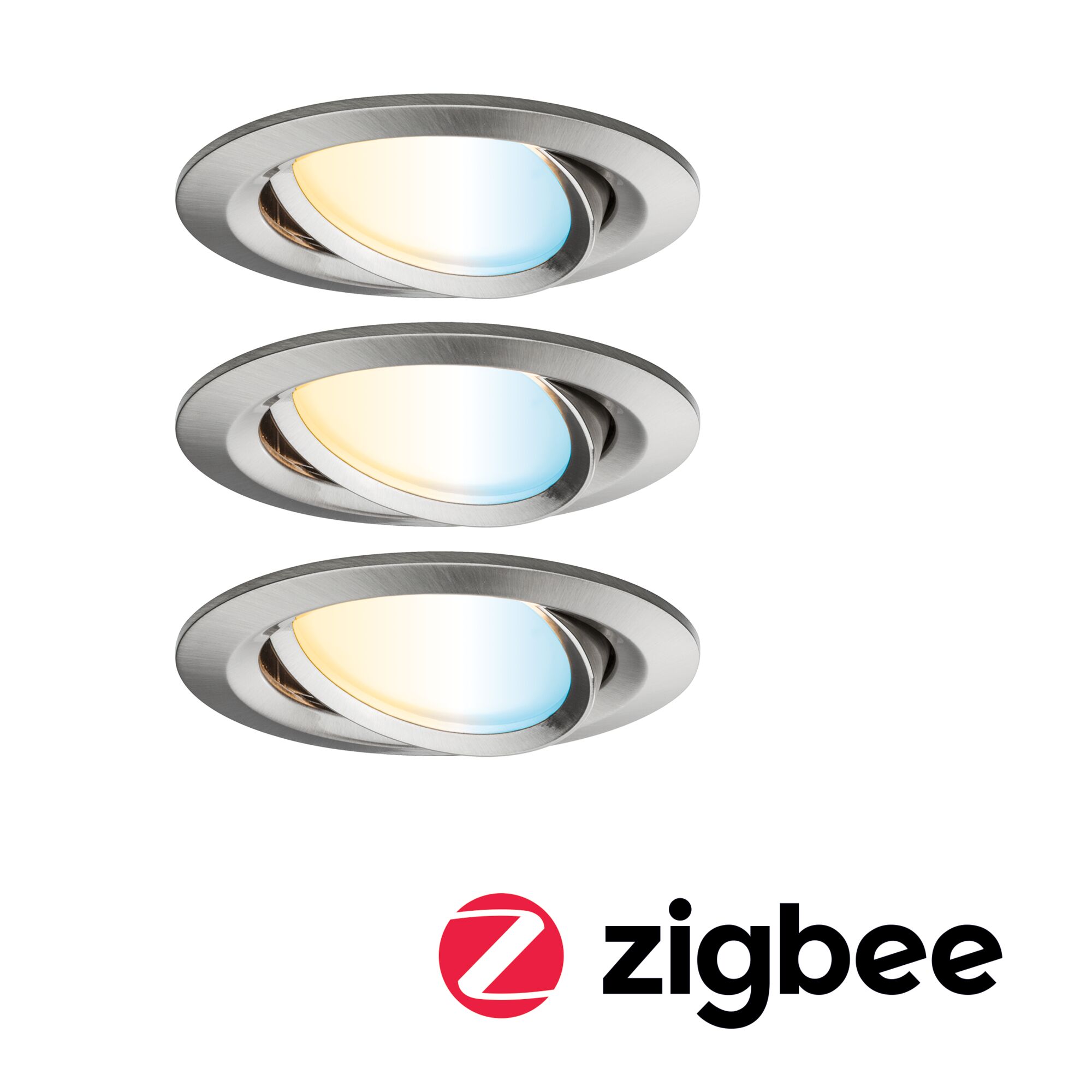 Drie ronde inbouwspots van geborsteld aluminium met instelbare lichtkleur en Zigbee-functionaliteit