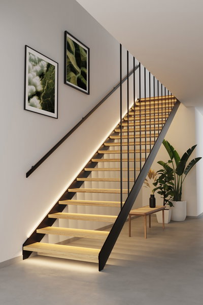 Modern staircase with wooden steps and black metal railing, LED lighting creates warm ambient light