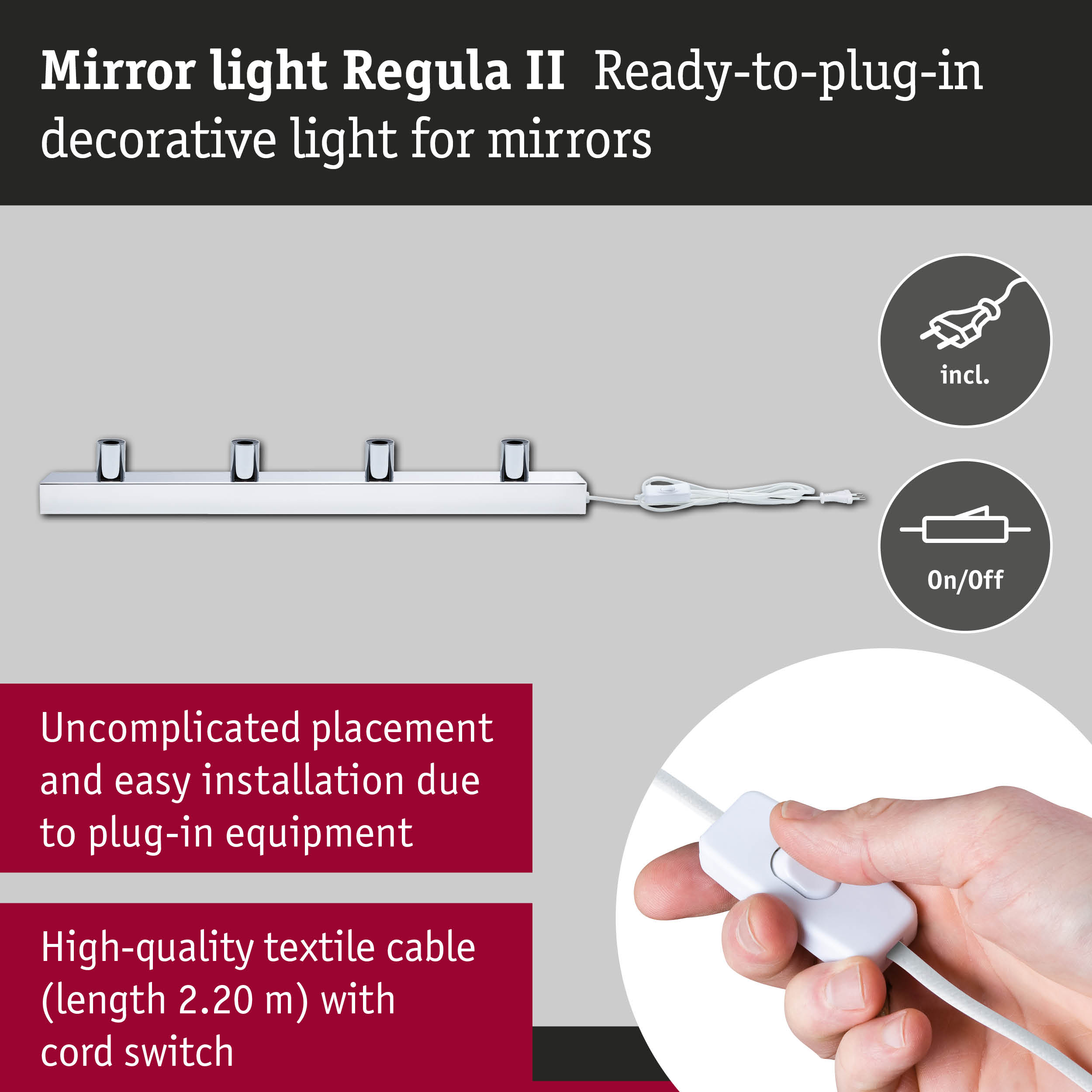 Regula II mirror light in chrome with textile cable and on/off switch for easy plug-in installation