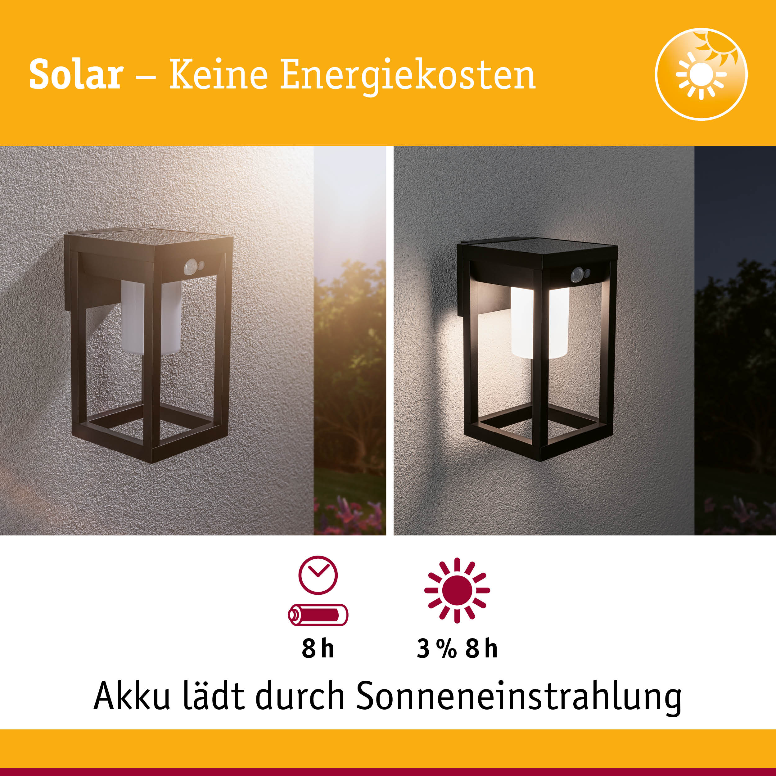 Schwarze Solar-Außenwandleuchte mit Bewegungssensor, tagsüber und nachts an der Wand montiert