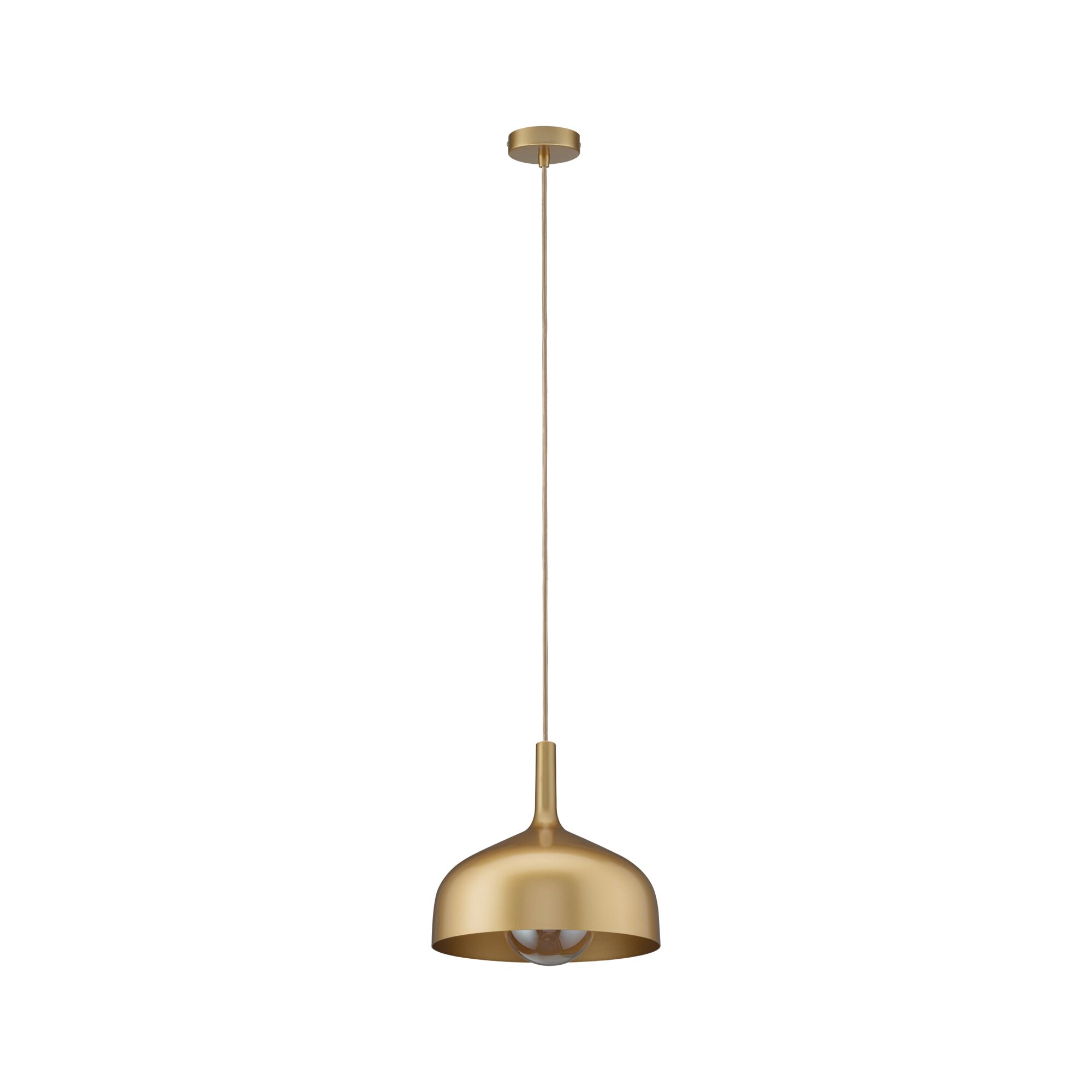Modern pendant light in gold metal with round shade and visible bulb for stylish interior lighting