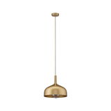 Modern pendant light in gold metal with round shade and visible bulb for stylish interior lighting