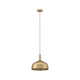 Modern pendant light in gold metal with round shade and visible bulb for stylish interior lighting