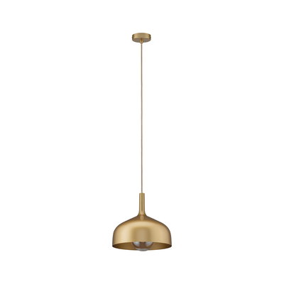 Moderne Pendelleuchte aus goldfarbenem Metall mit runder Form und sichtbarer Glühbirne