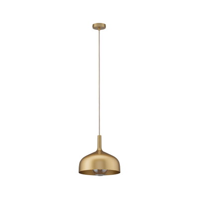 Moderne hanglamp van goudkleurig metaal met ronde kap en zichtbare lamp voor stijlvolle verlichting