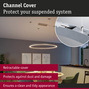 Silver retractable metal cover for suspended lighting systems protecting against dust and damage
