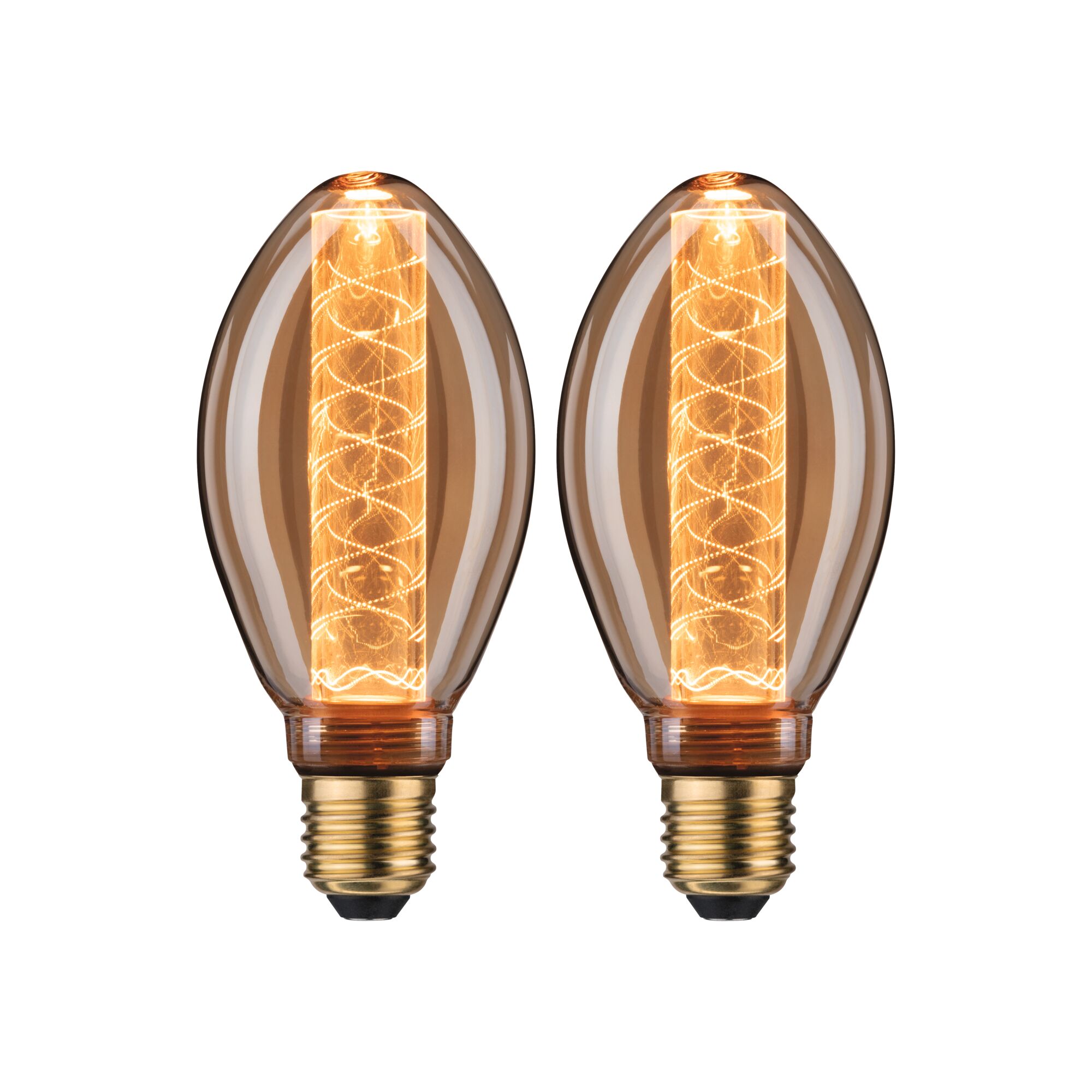 Twee decoratieve LED-lampen met amberkleurig glas en warm licht voor stijlvolle verlichting