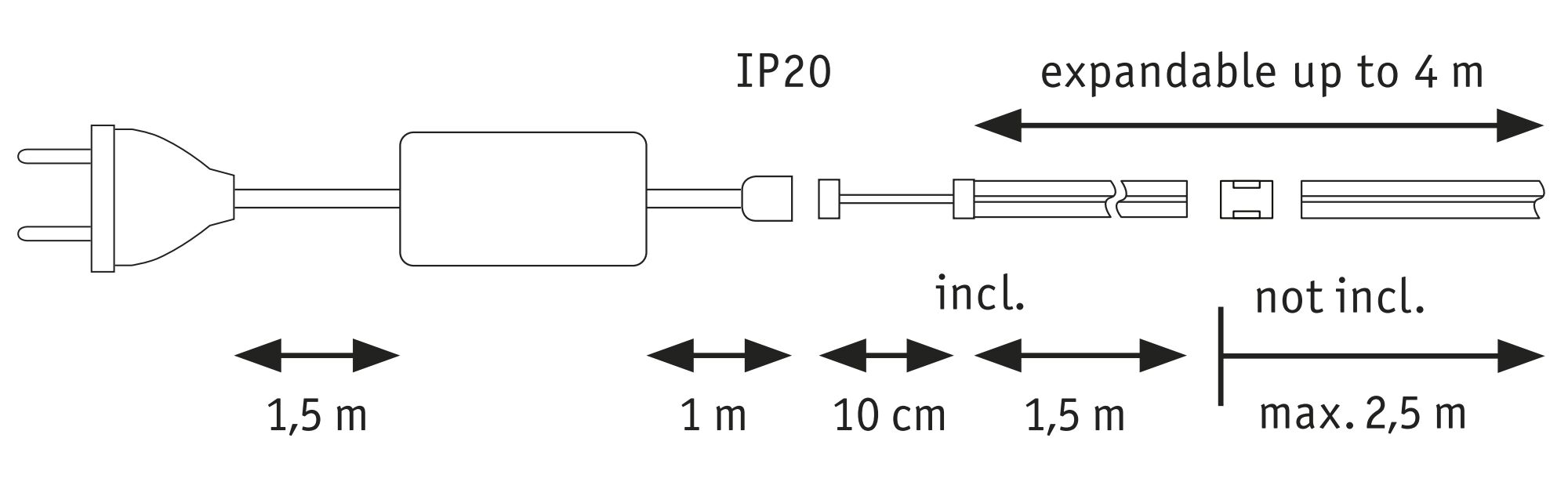 Technical drawing of IP20 plug with cable and expandable connection up to 4 meters length