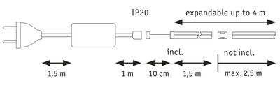Technical drawing of IP20 plug with cable and expandable connection up to 4 meters length