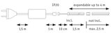 Technical drawing of IP20 plug with cable and expandable connection up to 4 meters length