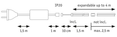 Technical drawing of IP20 plug with cable and expandable connection up to 4 meters length