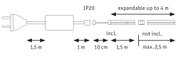 Schéma technique d'une prise IP20 avec câble et connexion extensible jusqu'à 4 mètres