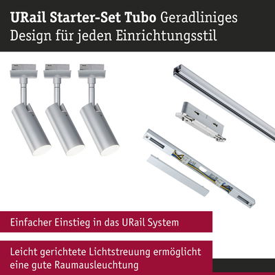 URail Starter-Set Tubo mit drei silbernen LED-Strahlern und Schienenprofil für flexible Raumbeleuchtung