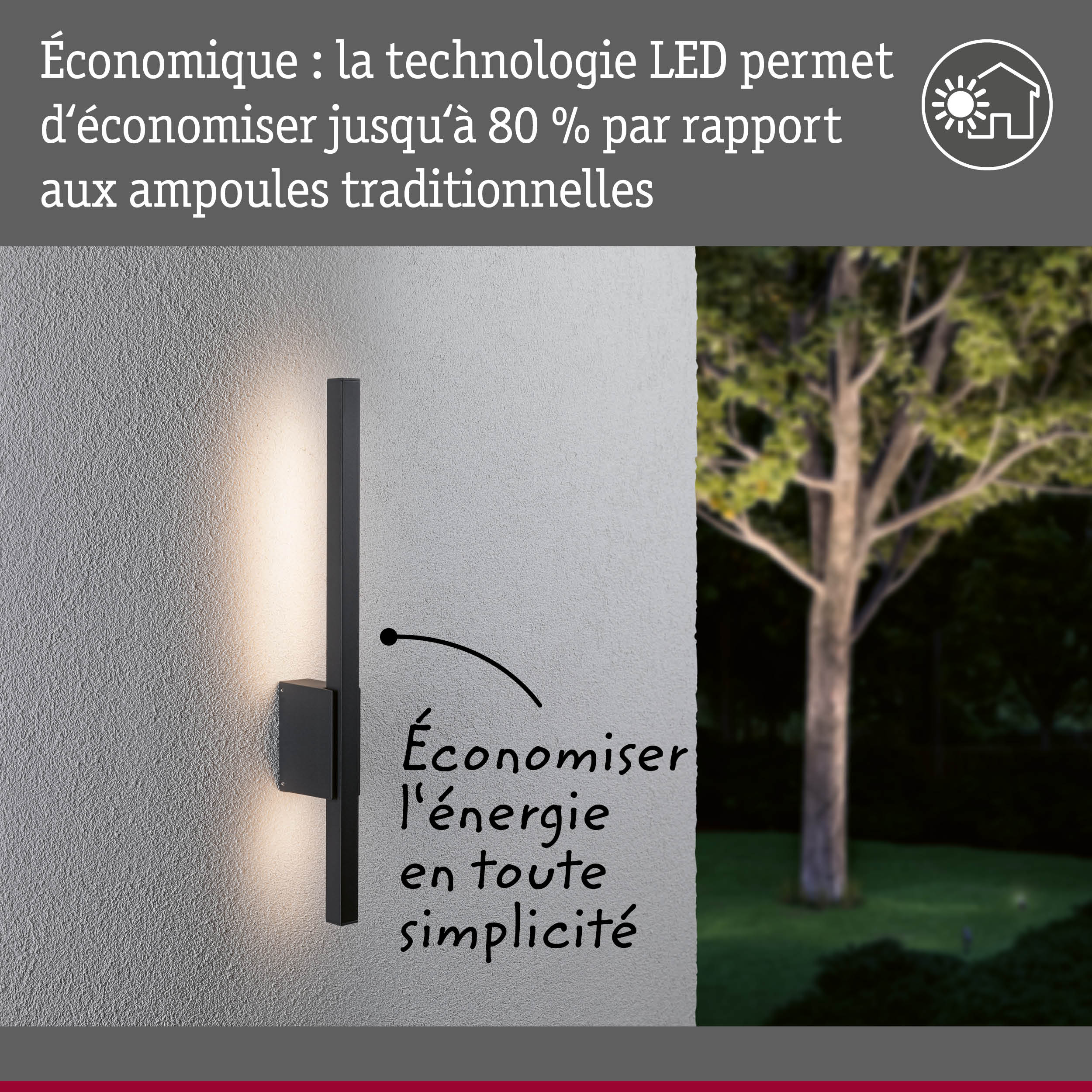 Applique murale extérieure LED noire sur mur blanc avec éclairage économique et arbre en arrière-plan