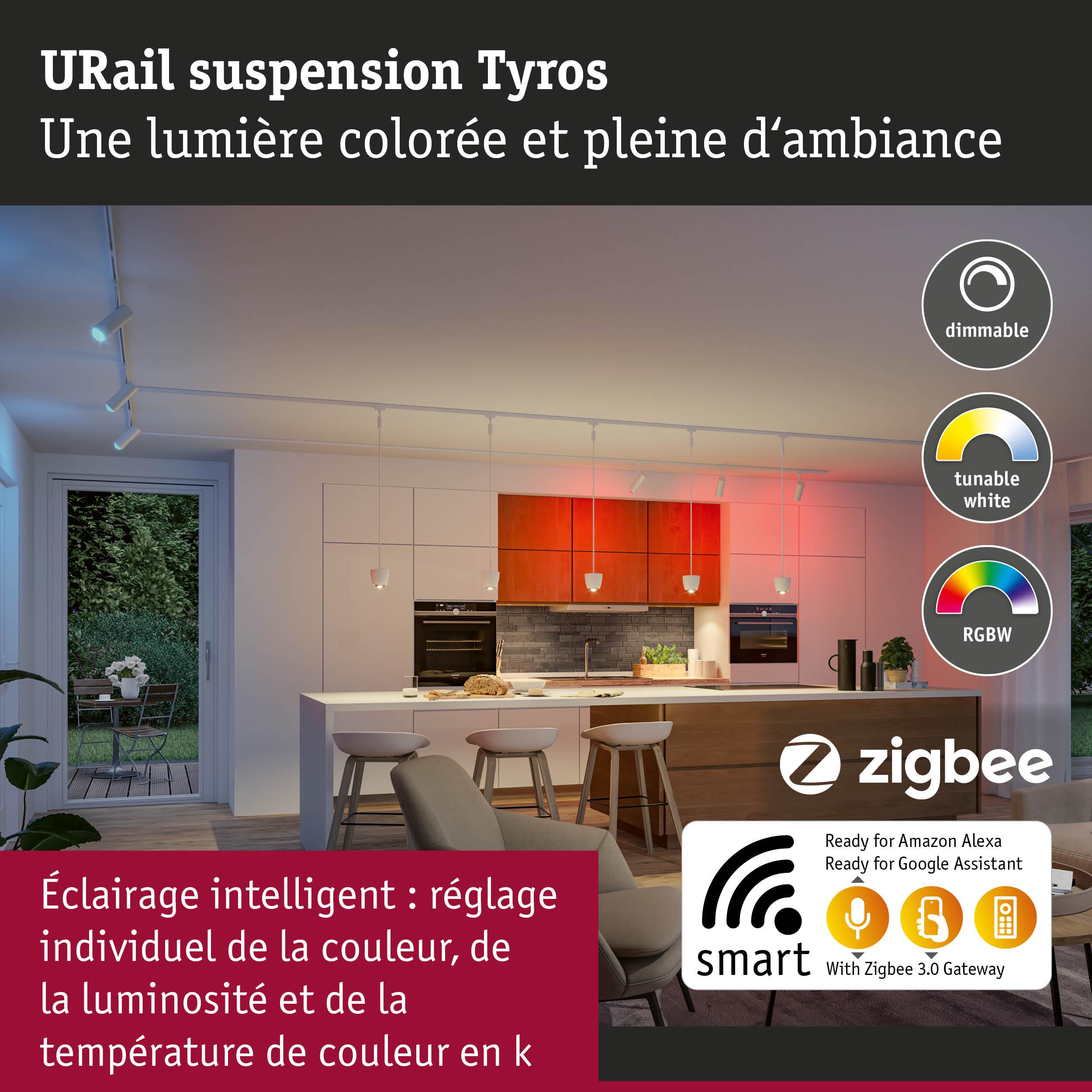 Cuisine moderne avec suspensions URail Tyros blanches, dimmables et réglables en couleur avec contrôle Zigbee intelligent