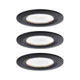 Three round black LED recessed lights with white illumination for modern indoor lighting.