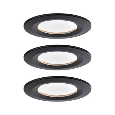 Drie ronde zwarte LED-inbouwspots met wit licht voor moderne binnenverlichting.