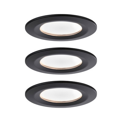 Trois spots encastrés LED ronds noirs avec lumière blanche pour un éclairage intérieur moderne.