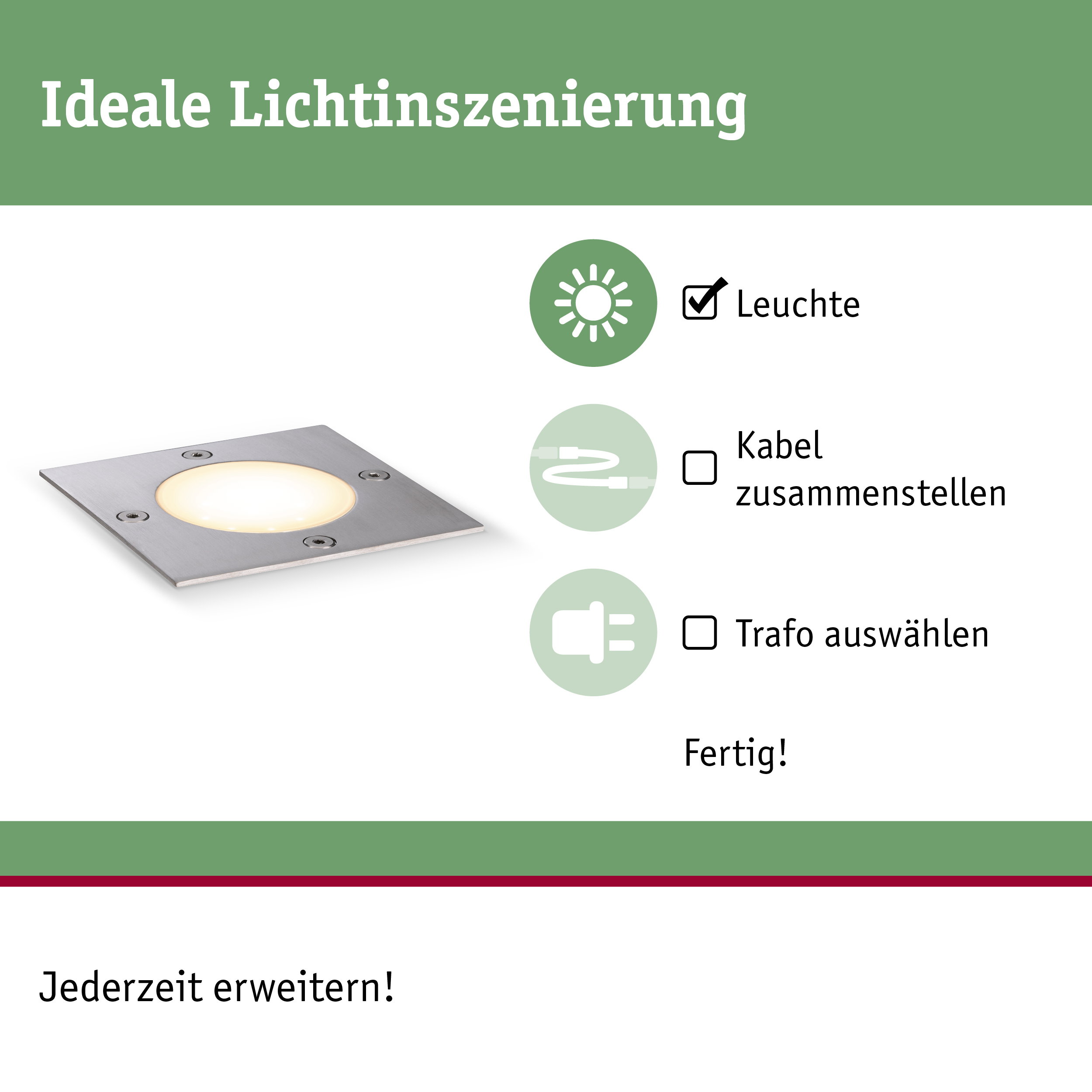 Quadratische LED-Einbauleuchte aus Edelstahl mit warmweißem Licht für Außenbereiche
