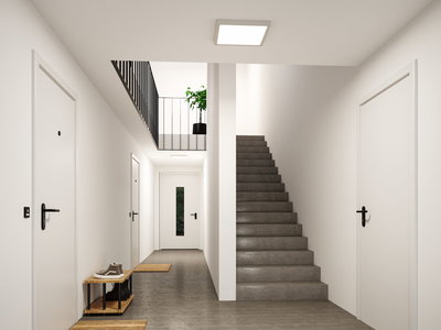 Moderner Flur mit grauem Boden, weißen Türen und quadratischer Deckenleuchte aus Kunststoff