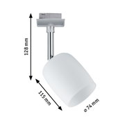 White LED spotlight with glass shade and chrome metal arm, dimensions 128x115x74 mm, modern lighting fixture