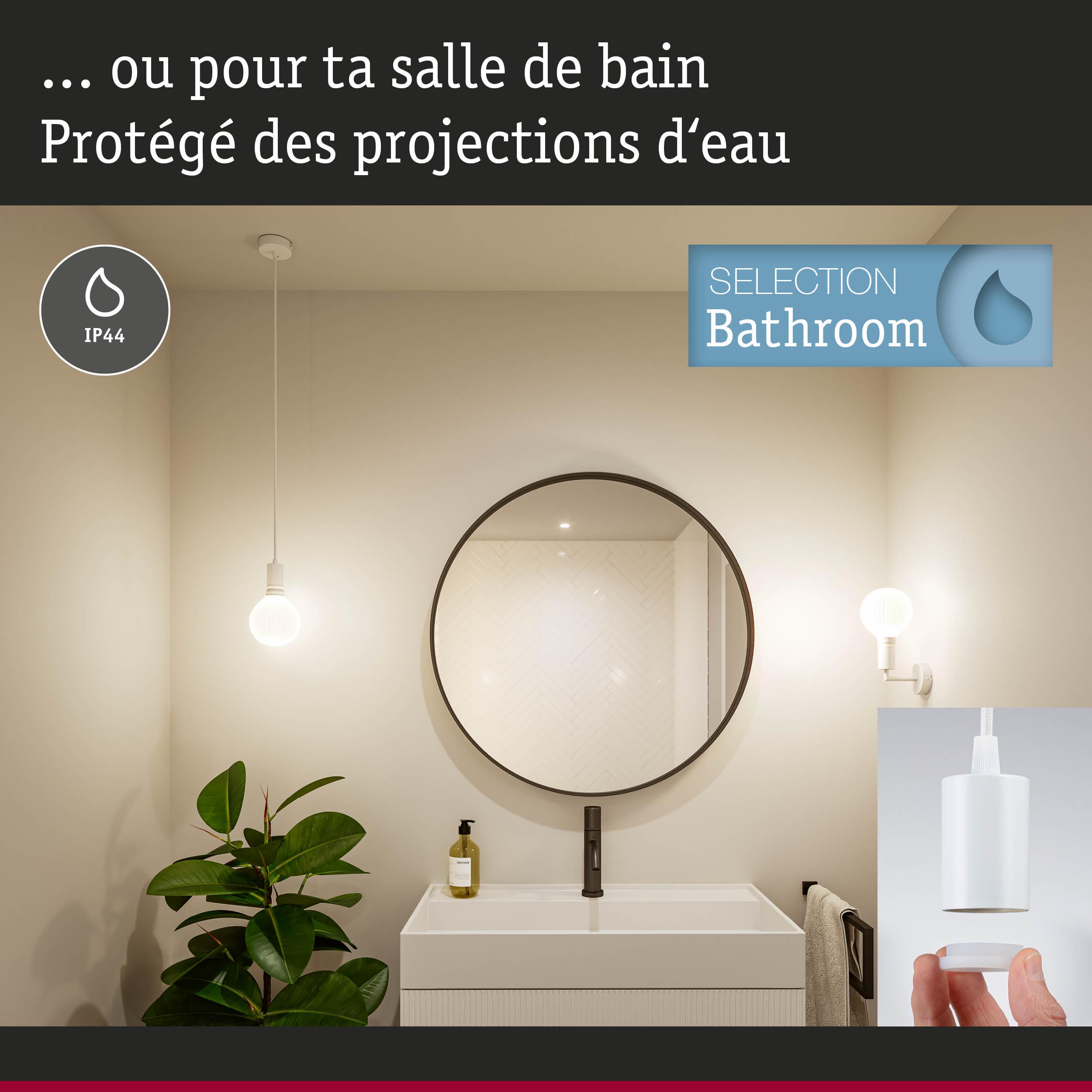 Éclairage de salle de bain moderne avec miroir rond et suspension blanche protégée IP44 contre l'eau
