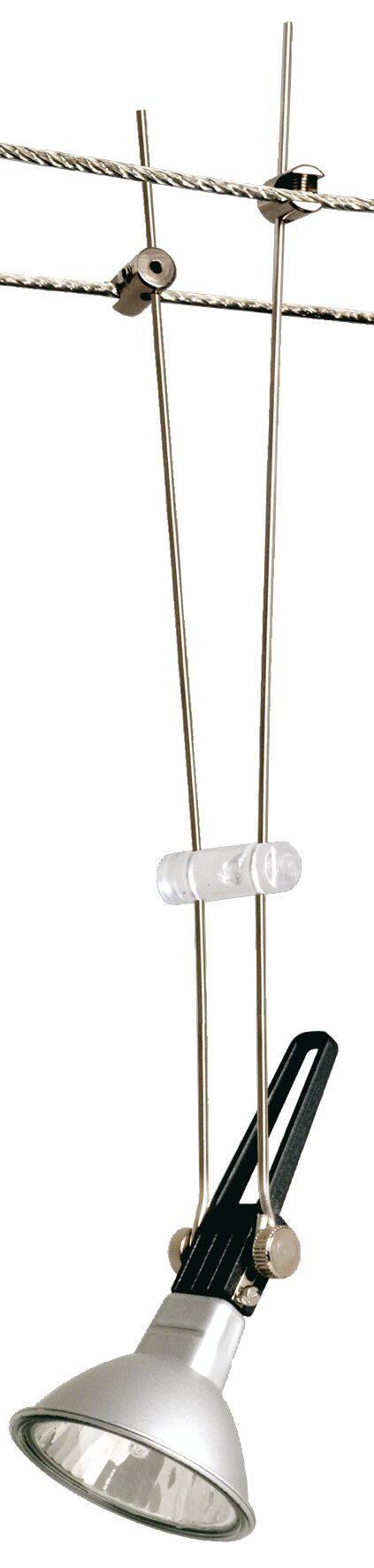 Zilveren metalen spot met beugel en kabelophanging voor flexibele verlichting