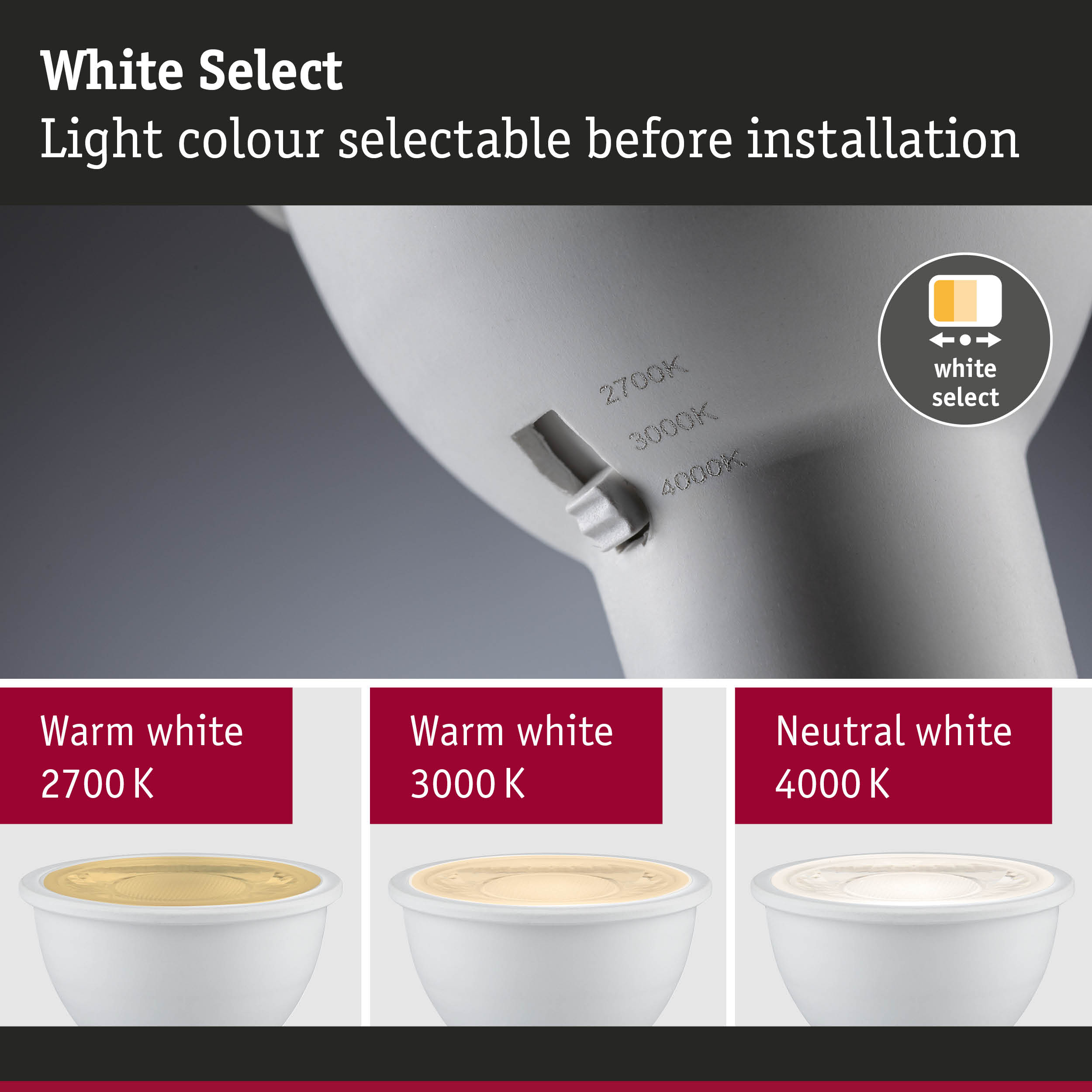 White LED spotlight with adjustable light colour from 2700K to 4000K for versatile lighting
