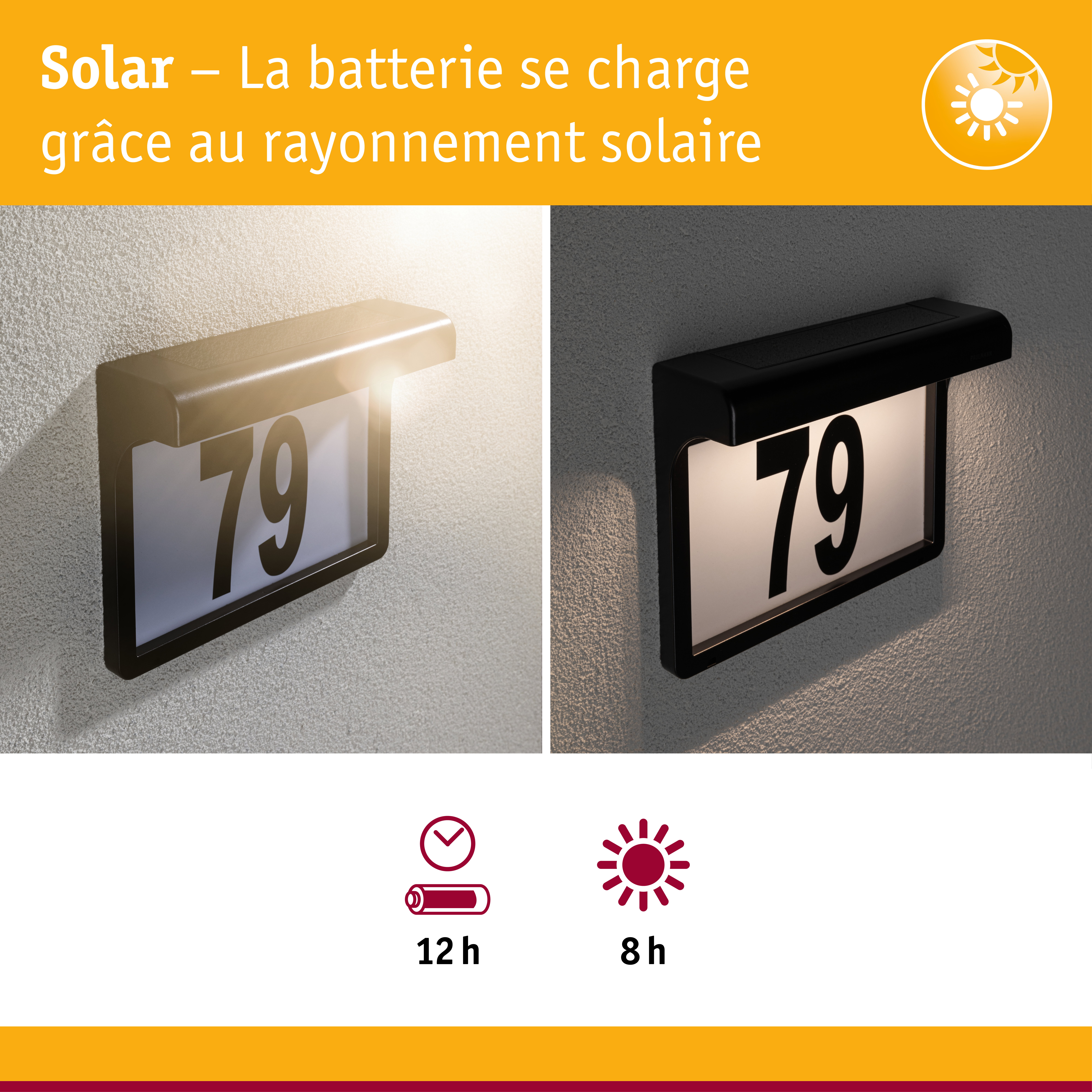 Applique solaire noire pour numéro de maison avec éclairage LED et longue autonomie de batterie