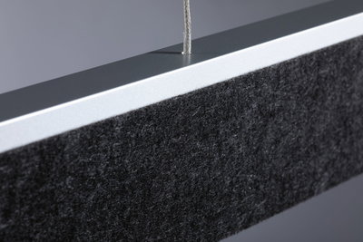 Modern rectangular black acoustic panel with aluminium frame and suspension cable for sound absorption