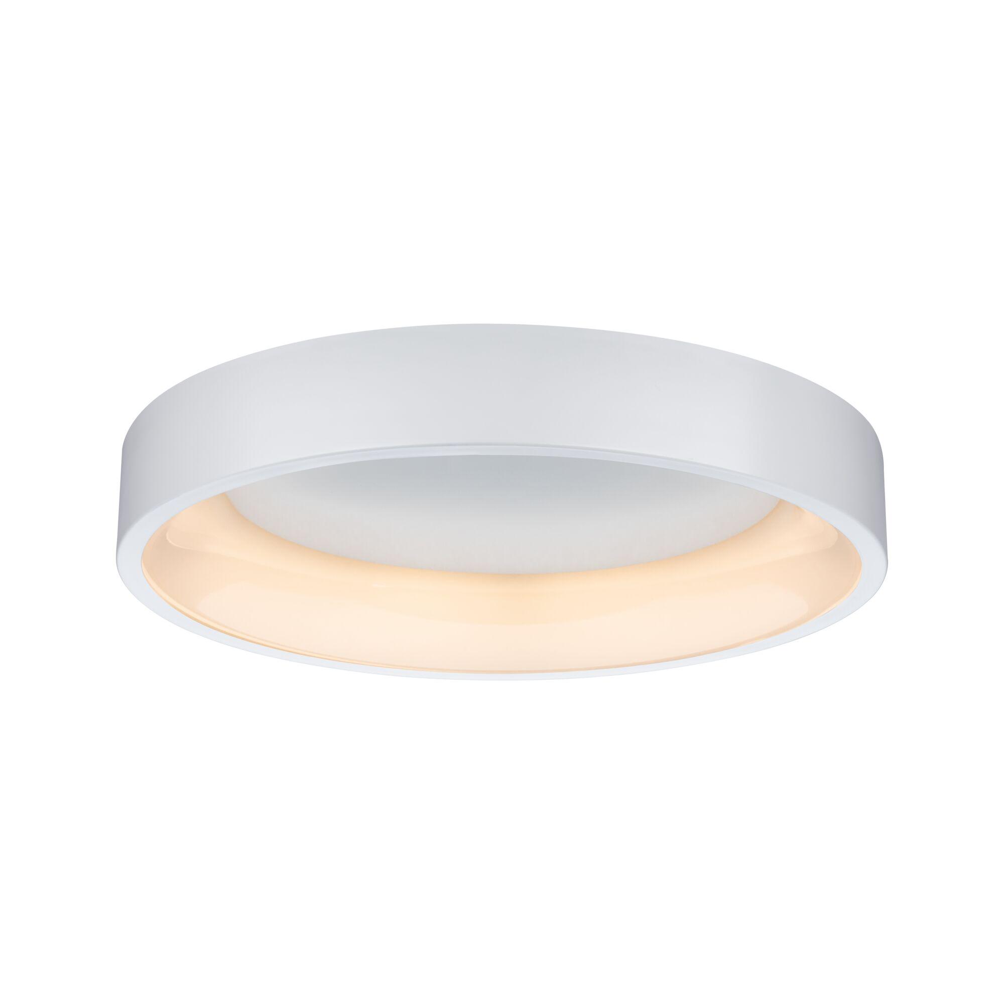 Round white plastic ceiling light with warm white LED illumination for living spaces