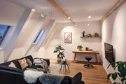 Modernes Wohnzimmer mit weißem Seil-Lichtsystem und verstellbaren LED-Strahlern an Holzbalken