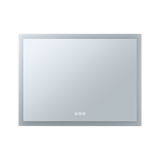 Rectangular bathroom mirror with LED lighting and touch sensor in silver glass frame