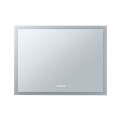 Rectangular bathroom mirror with LED lighting and touch sensor in silver glass frame
