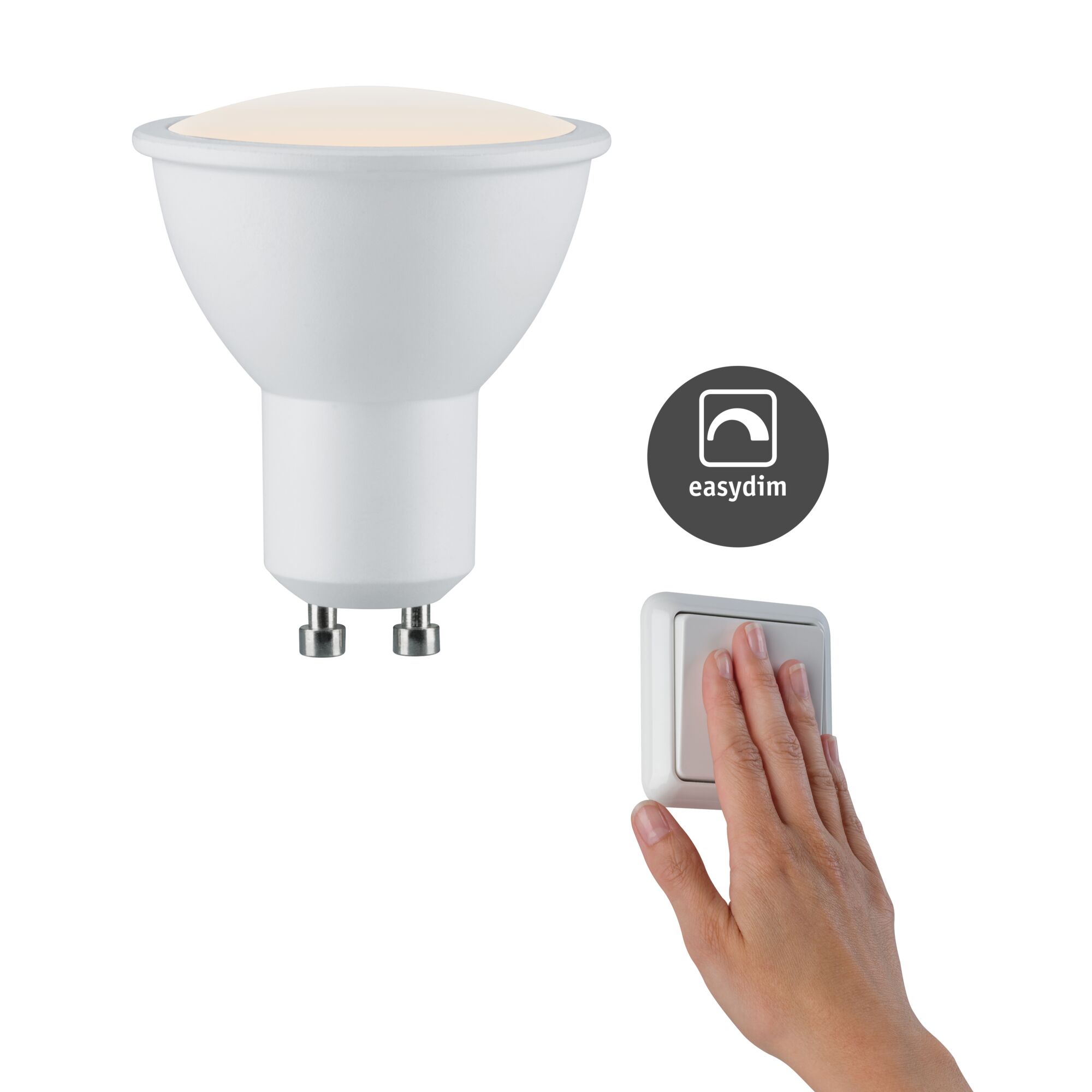 White LED reflector bulb with GU10 base and EasyDim feature for smooth dimming via wall switch